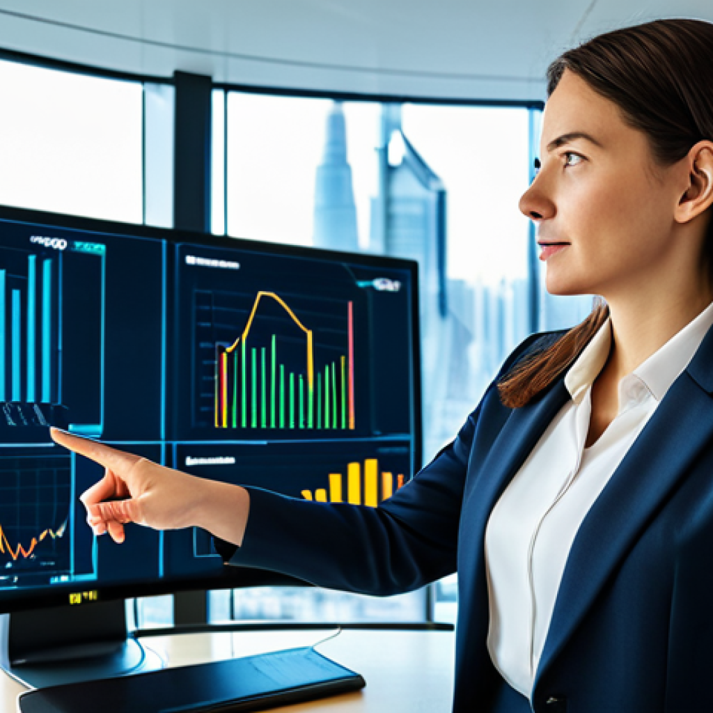 A highly respected professional female accountant, mid-career, with an intelligent and confident expression, engaged in strategic financial analysis. She is standing beside a large transparent digital display showing complex data visualizations and financial models, subtly interacting with it. The background is a clean, modern, high-tech office with large windows overlooking a city skyline. She is dressed in a modest, elegant business suit. The scene is well-lit, professional photography style, sharp focus, vibrant colors, cinematic lighting. perfect anatomy, correct proportions, natural pose, well-formed hands, proper finger count, natural body proportions, safe for work, appropriate content, fully clothed, professional, modest.