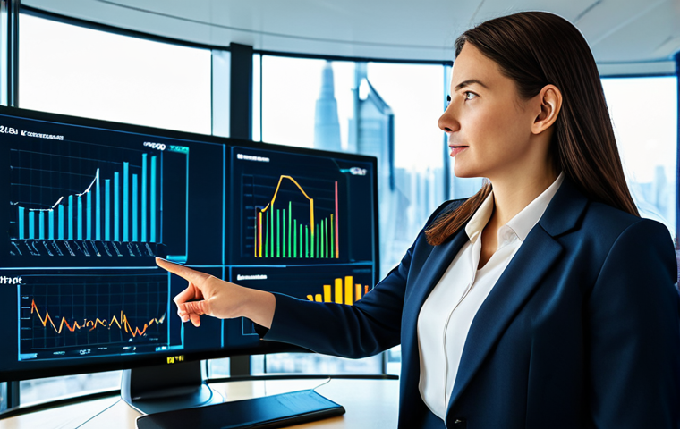 A highly respected professional female accountant, mid-career, with an intelligent and confident expression, engaged in strategic financial analysis. She is standing beside a large transparent digital display showing complex data visualizations and financial models, subtly interacting with it. The background is a clean, modern, high-tech office with large windows overlooking a city skyline. She is dressed in a modest, elegant business suit. The scene is well-lit, professional photography style, sharp focus, vibrant colors, cinematic lighting. perfect anatomy, correct proportions, natural pose, well-formed hands, proper finger count, natural body proportions, safe for work, appropriate content, fully clothed, professional, modest.