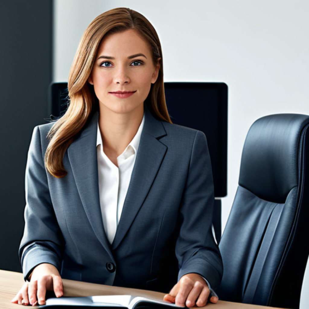 공인회계사 학원 선택 기준 - A professional businesswoman in a modest business suit, sitting at a desk in a modern office, fully ...