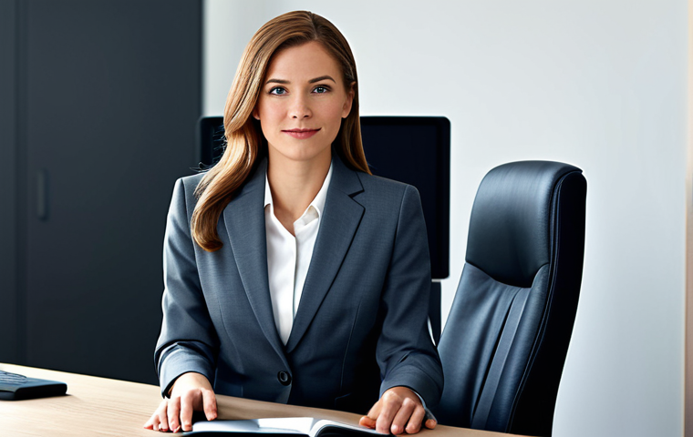공인회계사 학원 선택 기준 - A professional businesswoman in a modest business suit, sitting at a desk in a modern office, fully ...