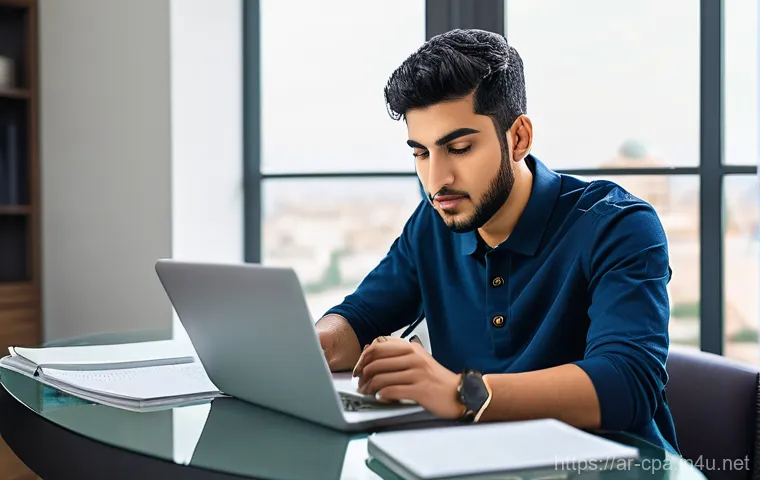 CPA 합격생 인터뷰 - **Prompt 1: Focused CPA Student in a Modern Study Space**
    A young Arab man, in his late twenties...