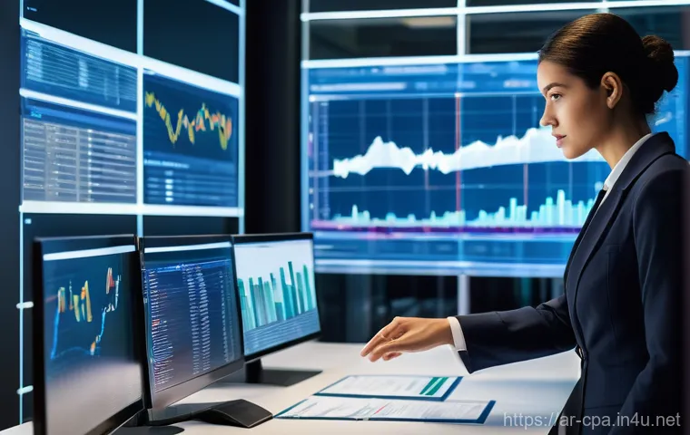 CPA로서의 기업 감사 사례 분석 - **Prompt:** "A highly focused male or female auditor, wearing a sharp business suit, intensely analy...