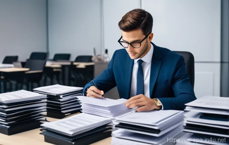 CPA 실무와 이론의 차이 - **Prompt:** A highly focused and vigilant male accountant, wearing a crisp shirt and tie, sitting in...