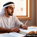 Home 17 CPA 시험 과목 선택 전략 - A focused young Arab man studying CPA exam materials at a modern desk in a sunlit room, surrounded b...