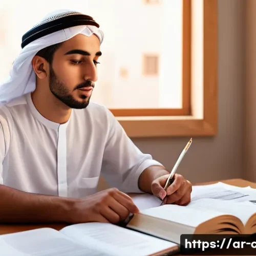 Home 11 CPA 시험 과목 선택 전략 - A focused young Arab man studying CPA exam materials at a modern desk in a sunlit room, surrounded b...