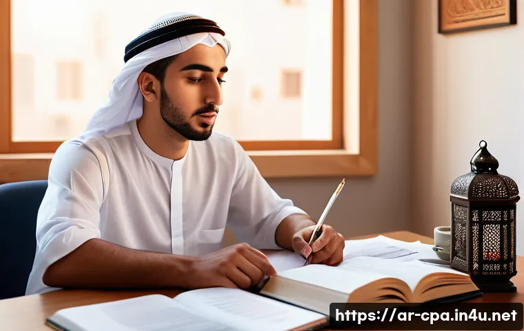 CPA 시험 과목 선택 전략 - A focused young Arab man studying CPA exam materials at a modern desk in a sunlit room, surrounded b...