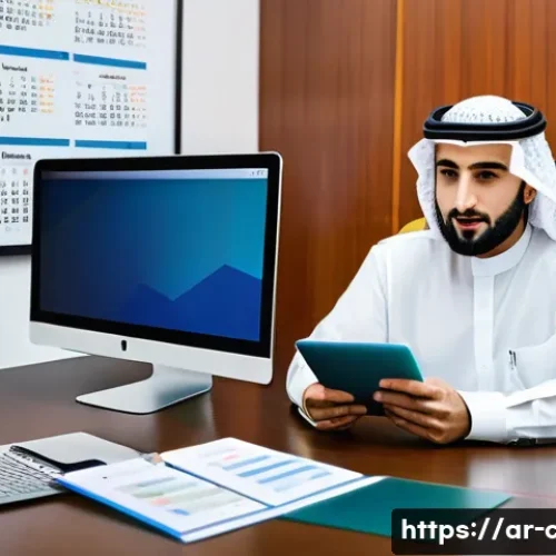 공인회계사 업무일기 작성법 - A professional Arab accountant in modern office attire, sitting at a sleek desk with a laptop and di...