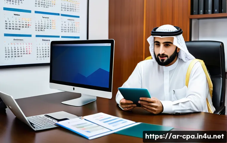 공인회계사 업무일기 작성법 - A professional Arab accountant in modern office attire, sitting at a sleek desk with a laptop and di...