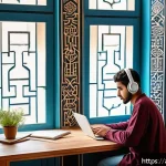 CPA 시험과정에서의 집중력 유지법 - A serene study room set in a modern Middle Eastern home with traditional Arabic geometric patterns o...