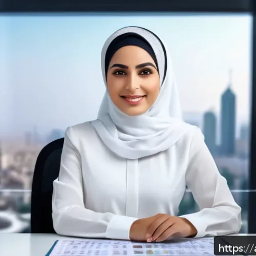 CPA 취업 시장 트렌드 - A modern Arab accountant woman wearing professional business attire and modest makeup, working at a ...