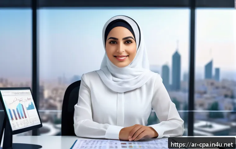 CPA 취업 시장 트렌드 - A modern Arab accountant woman wearing professional business attire and modest makeup, working at a ...