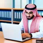 CPA 시험 합격 후 바로 해야 할 일 - A professional Arab accountant in a modern office setting, wearing formal business attire and eyegla...