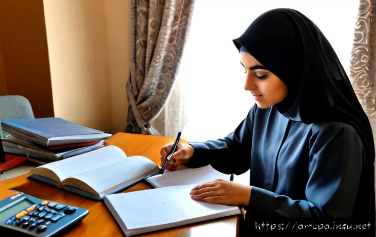 CPA 시험 준비 전략 - Photorealistic Arab university graduate preparing for a CPA exam at a tidy home study desk, modest p...