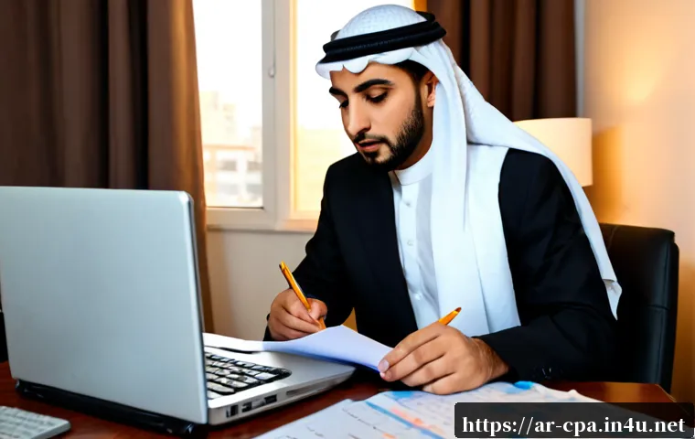 Home 17 CPA 공부와 커리어 병행 팁 - Photorealistic Arab professional in modest business attire studying accounting materials at a clean ...