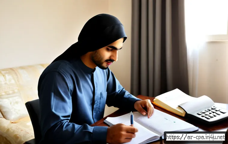 CPA 시험 실패 이후 재도전 전략 - Photorealistic Arab young professional restarting CPA exam preparation at a tidy home desk, reviewin...